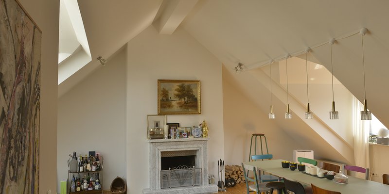 Loft in the DG with a fireplace and design classics