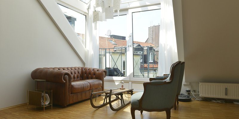 Loft in the DG with a fireplace and design classics