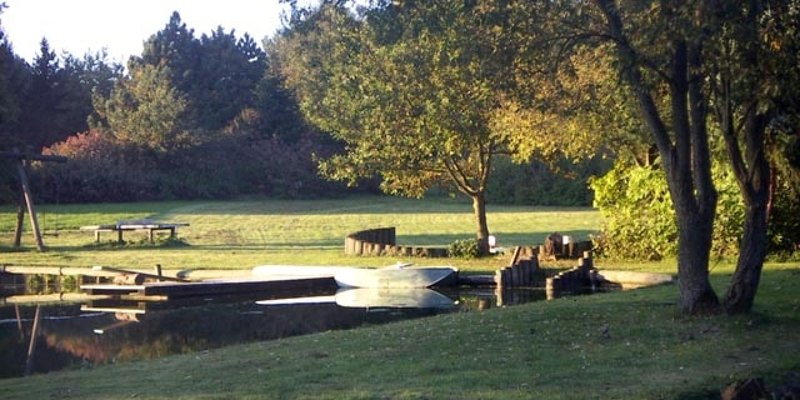 Pond site with log cabin