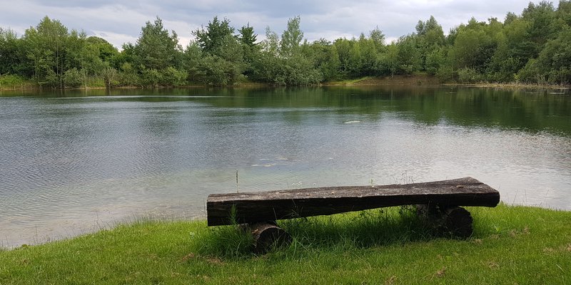 Lake with hut, jetty and water terrace