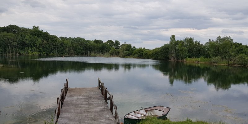 Lake with hut, jetty and water terrace