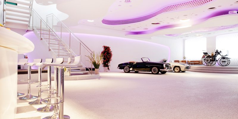 Classic car showroom with organic shapes