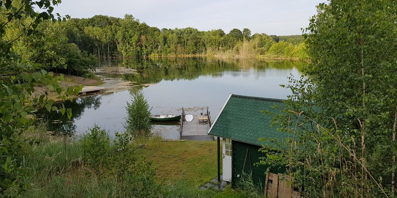 Lake with hut, jetty and water terrace